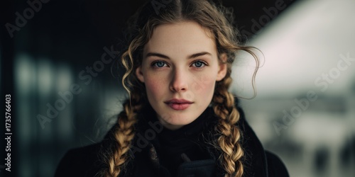 cinematic portrait of a young woman with two long braids, loose waves, natural beauty, minimal makeup