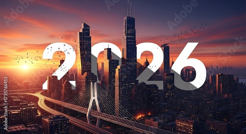 Concept of the New Year 2026 over a modern city skyline at sunrise.