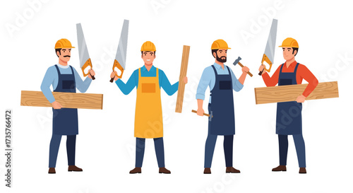 Four cartoon carpenters, each wearing a hard hat and apron, holding tools and wood planks.