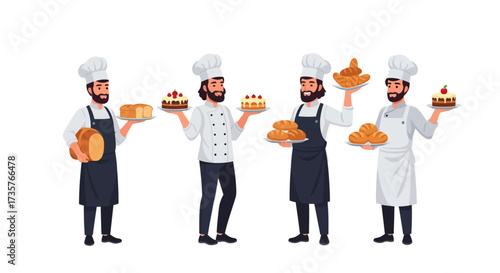 Four bakers in uniform holding plates of baked goods including bread, cakes, and pastries.