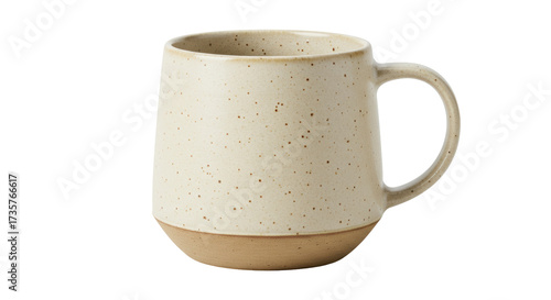 Speckled ceramic mug isolated on transparent background, beige coffee cup with handle for hot drinks and beverages