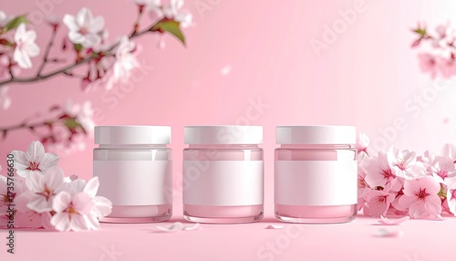 Wallpaper Mural Three jars, pink blossoms background, soft and delicate Torontodigital.ca