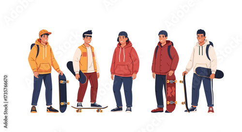 Group of five young men standing with skateboards, wearing casual clothing, in a vector illustration.
