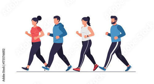 Four people are depicted walking or jogging in a line, wearing athletic clothing, against a white background.