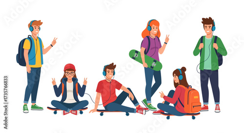 A group of young people enjoying music with headphones, some with skateboards, posing.