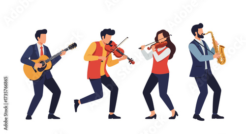 Four musicians playing instruments: guitar, violin, violin, and saxophone, against a white background.