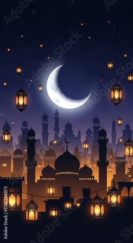 Enchanting Islamic Cityscape at Night with Crescent Moon and Lanterns.