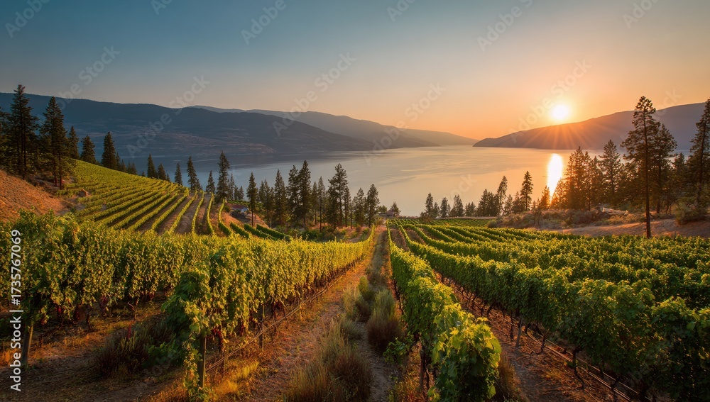 Fototapeta premium Picturesque vineyard terraces cascade down a hillside overlooking a serene lake at sunrise.