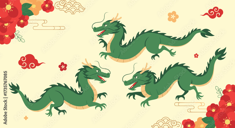 Obraz premium Three green dragons in pixel art style.