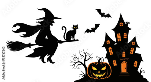 Halloween scene featuring a witch flying on a broomstick with a cat, bats, a haunted house, and a carved pumpkin.