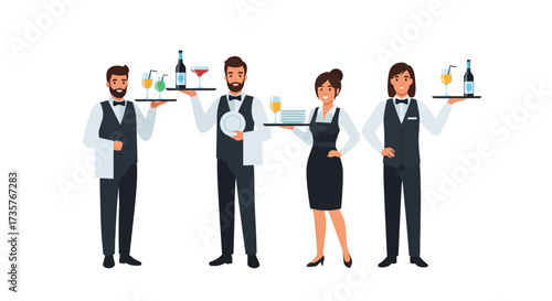 Four restaurant servers, each holding trays with drinks and a plate, ready to serve customers.