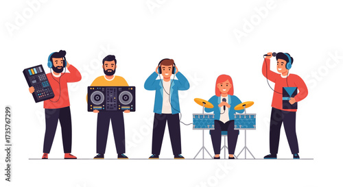 Five people are depicted as a musical group, each holding instruments or music equipment on a white background.