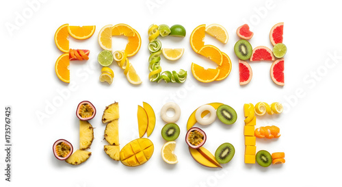 Fresh juice lettering made of colorful fruits isolated on white background