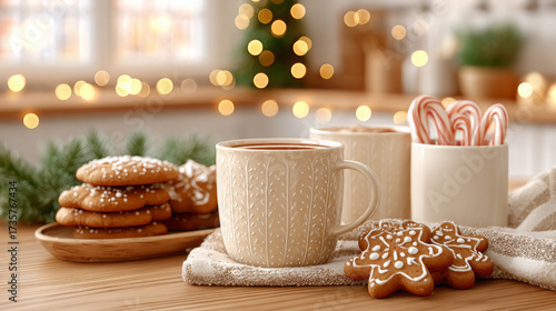 Cozy Christmas kitchen with mugs of hot chocolate and cookies  