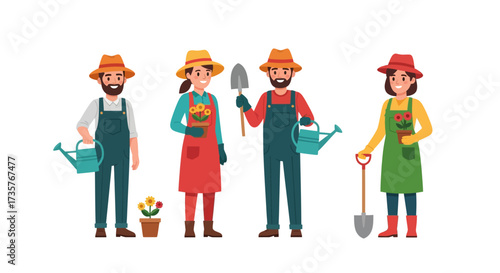 Four diverse gardeners, equipped with tools, tending to plants, and smiling.