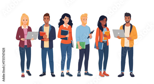 Diverse group of students standing together, holding books and laptops, smiling.