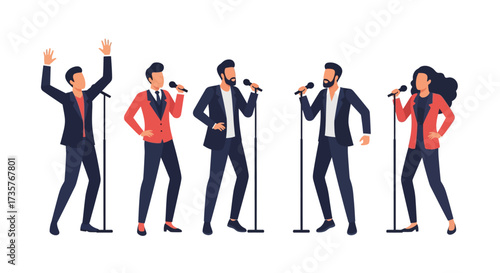 Group of singers performing on stage with microphones, wearing suits and jackets, in a flat vector illustration.