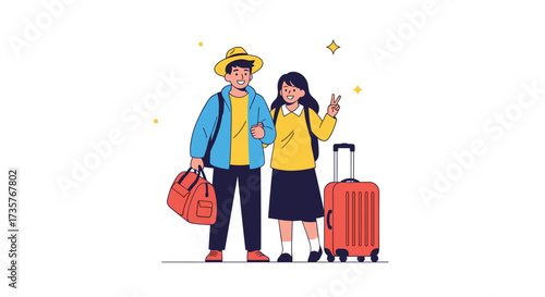 A young couple ready for an exciting journey together with their luggage. .
