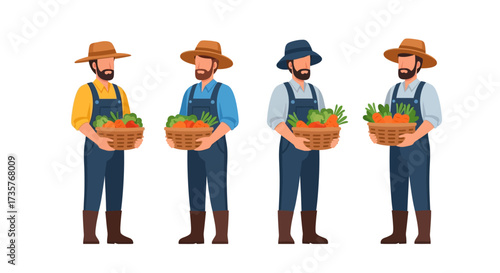 Four farmers in overalls and hats hold baskets filled with freshly harvested carrots and leafy green vegetables.