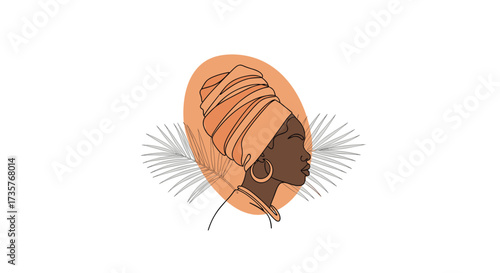 An illustration of a woman's profile wearing a headscarf adorned with circular earrings.