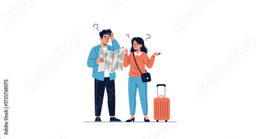 A confused couple looks at a map while standing next to a suitcase.