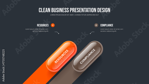 Marketing Forecast Two Option Infographic Slide Layout. Company Portfolio 2 Step Diagram Frame Design. Consulting Analysis Slideshow Template Vector Illustration.