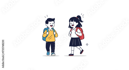 Two happy students with backpacks walking to school.