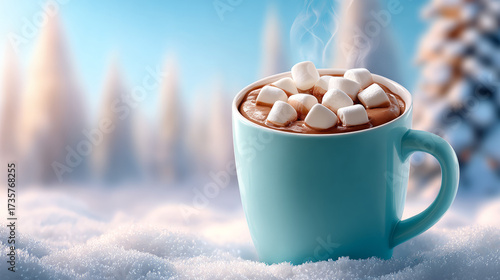 Giant hot chocolate mug with marshmallows in snowy forest setting  