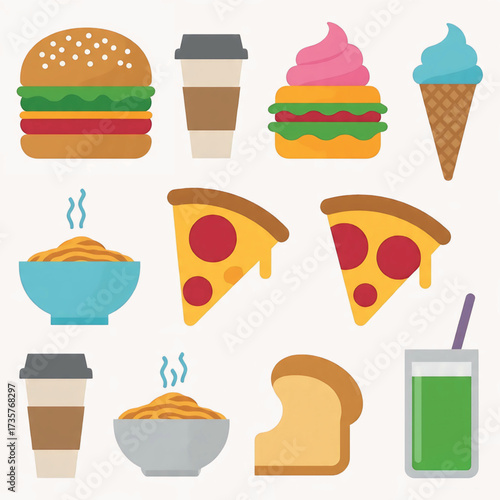 A colorful flat design illustration of various fast food and drinks, including burgers, pizza, ice cream, coffee, and noodles, perfect for menus and food-related projects