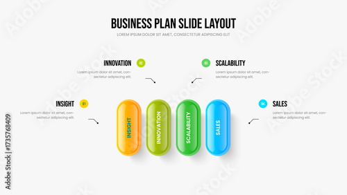 Business Campaign Four Element Infographic Slide Layout. Project Development Presentation Design Vector Illustration. Modern Growth 4 Option Diagram Slideshow Template.