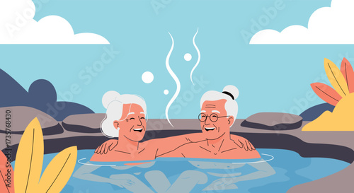 Elderly couple enjoys a relaxing soak in a hot spring surrounded by nature.