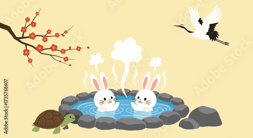 Cute bunnies enjoying a hot spring with a turtle and a crane overhead.
