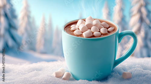 Giant hot chocolate mug with marshmallows in snowy forest  