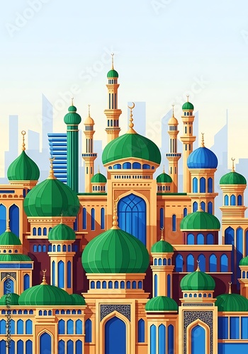 Vibrant Islamic Cityscape with Green and Blue Domes and Minarets.