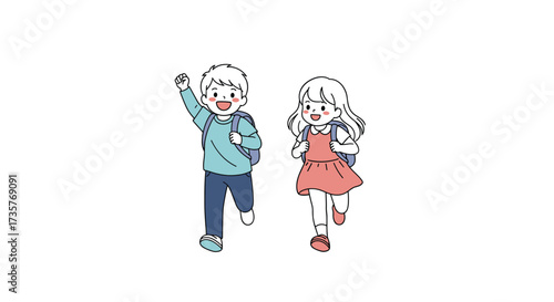 Two happy children running together with backpacks towards the viewer.