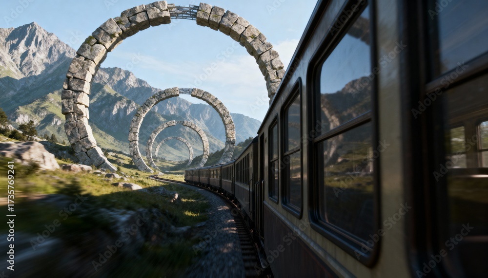 Fototapeta premium Train Through Stone Rings in Alpine Valley