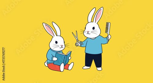 Two cute bunnies learning and grooming in a playful setting.