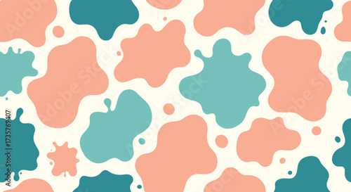 A playful abstract pattern featuring organic splashes of coral pink and teal on a cream background.