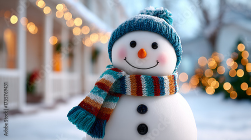 Cheerful snowman wearing a scarf and hat in snowy front yard  