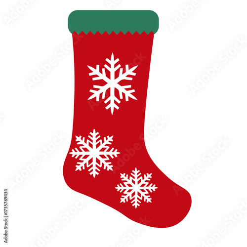 Illustration of a red christmas stocking with green trim and white snowflake designs on a white background