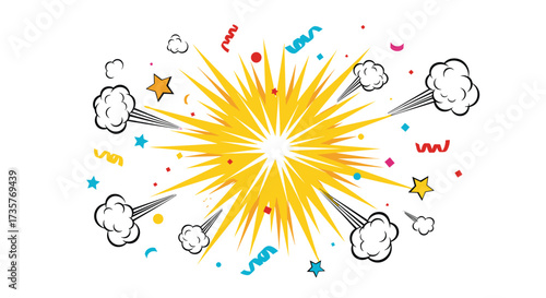 An explosion of colorful confetti and swirling streamers marks a festive celebration.