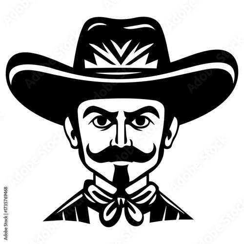 Illustration of a cowboy with a mustache wearing a hat and a bow tie in black and white style design