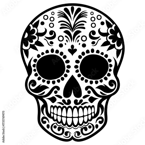 Detailed black and white sugar skull with floral and circular designs for day of the dead celebration