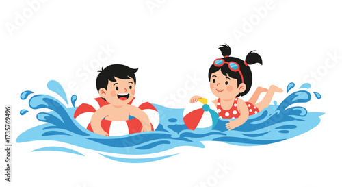 Two happy children enjoying a swim in the pool with a ball.