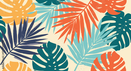 A vibrant abstract pattern of tropical leaves in various colors including teal orange and yellow on a cream background.
