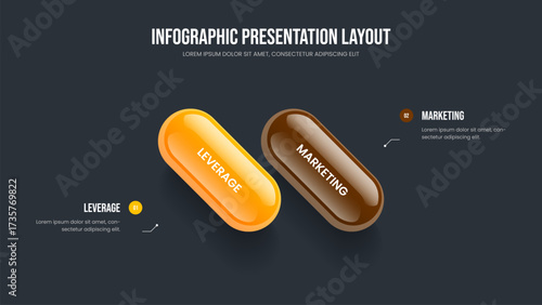 Visual Introduction 2 Step Diagram Slideshow Template. Company Briefing Two Option Infographic Slide Layout. Enterprise Growth Frame Design Vector Illustration.