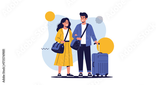 Couple arriving at their destination with luggage and bags.