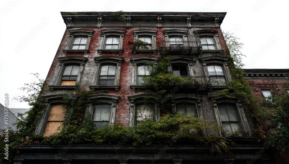 Fototapeta premium Abandoned building adorned with overgrown vegetation.