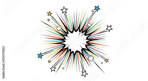 A vibrant explosion of colorful lines and stars emanates from the center.