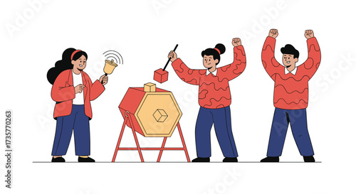 People celebrating a festive occasion by hitting a piñata.